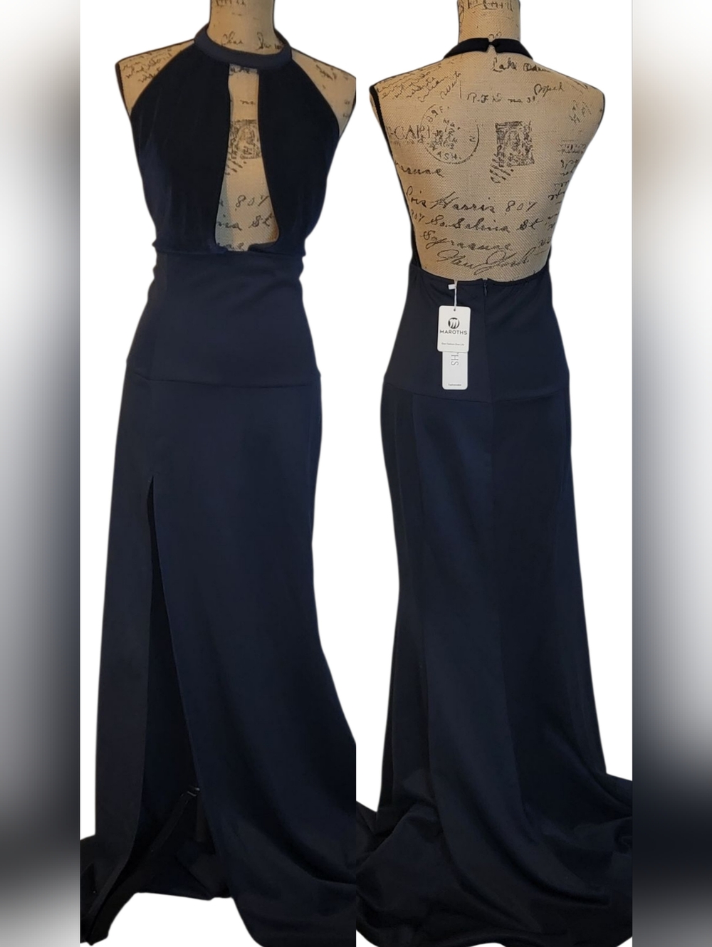 Maroths Halter Velvet Deep Plunge V-neckline Slit Open Back Slit Maxi Dress
